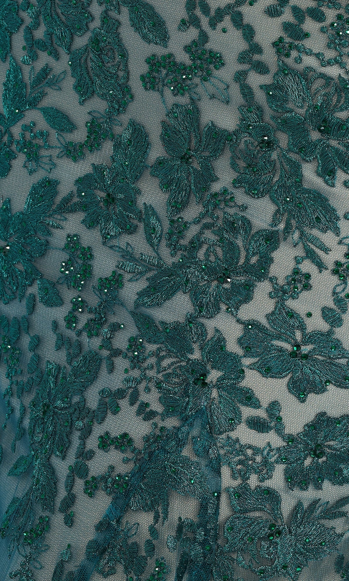 Close-up of dark teal floral lace with embroidered flowers and beaded details—ideal for the Long Lace Mermaid Prom Dress with Strappy Back, adding sheer elegance and style to your evening look.